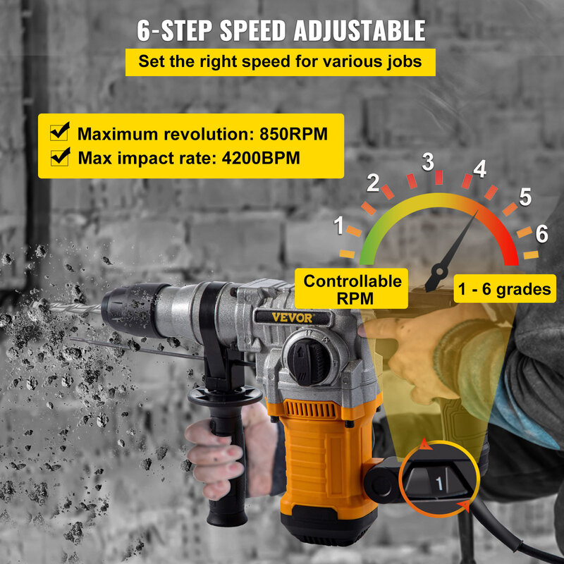 VEVOR 1050W Rotary Hammer Drill Max Drilling 26mm SDS Plus Demolition Jackhammer Breaker 4in1 Electric Wood Concrete Perforator