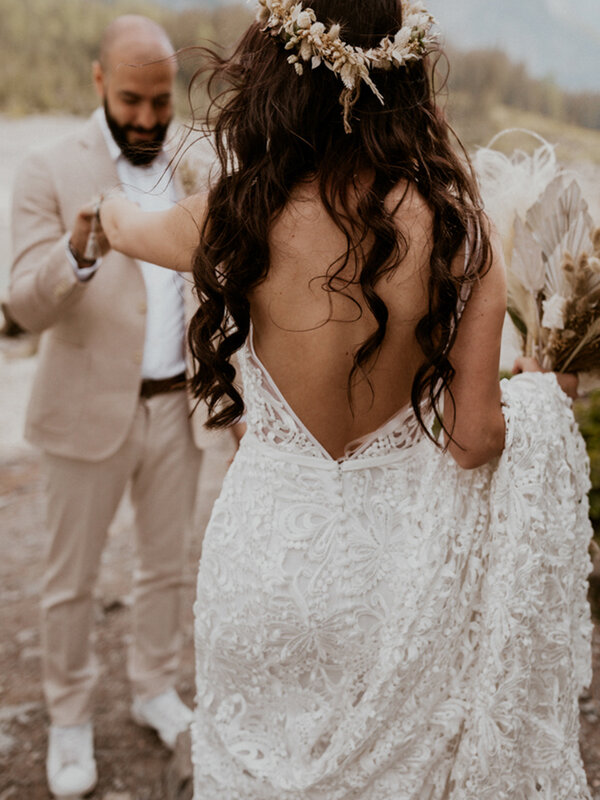 V Neck Hollow Out Lace Boho Wedding Dress Custom Made Rustic Custom Made Long Train Open Back Backless Mermaid Beach Bridal Gown