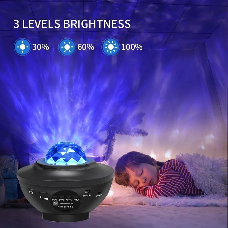 Proyector LED de galaxia, lámpara de noche estrellada, estrella, Ola oceánica, con música, Altavoz Bluetooth, lámpara de Control remoto