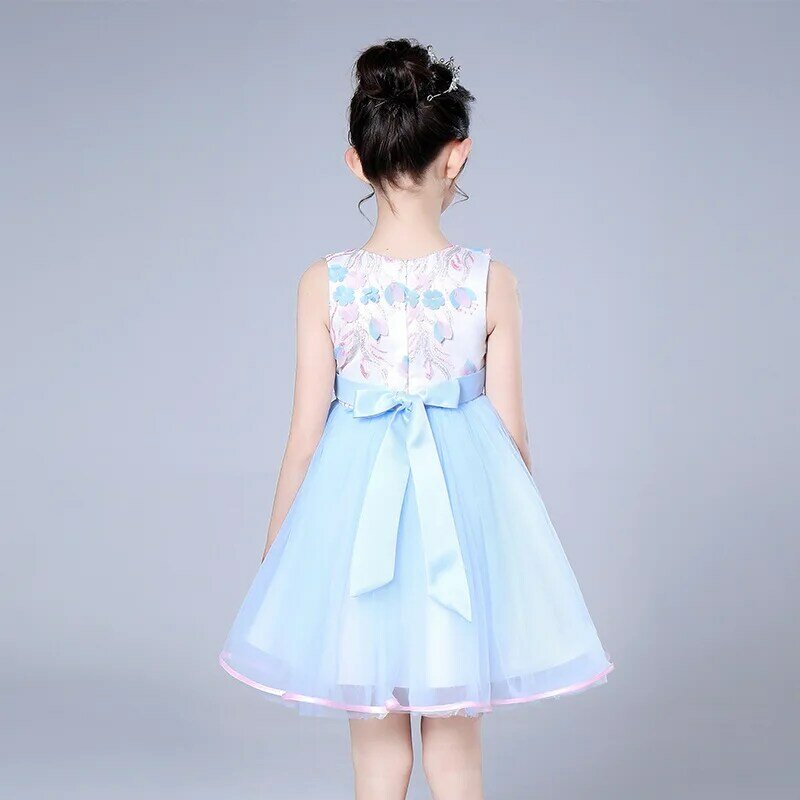 Платье для девочек с цветочной вышивкой HT027, Детские вечерние платья до колен, бальное платье без рукавов с бантом для девочек, элегантные пл...