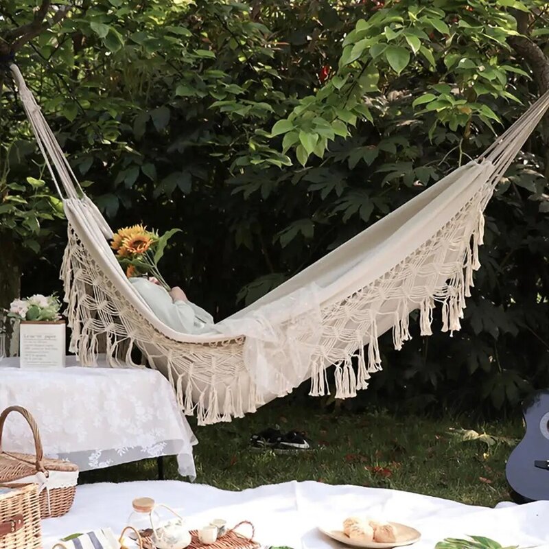 Large 2 Person Hammock Boho Style Brazilian Macrame Fringed Deluxe Double Hammock Net Swing Chair Indoor Hanging Swing delivery