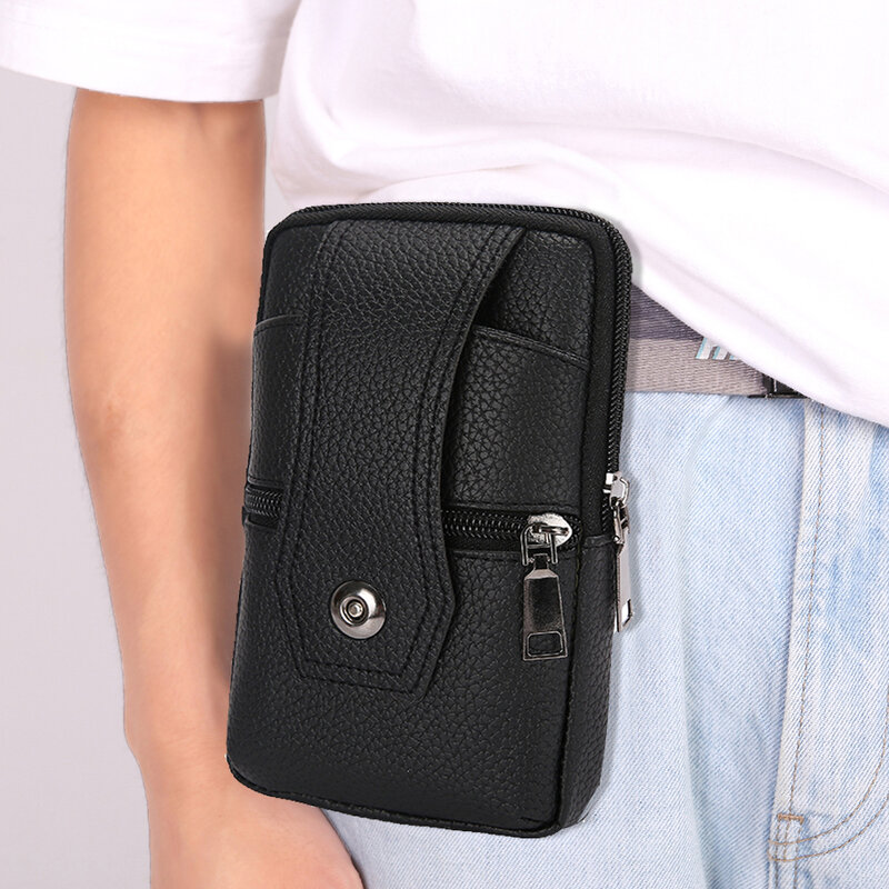 Bolsa masculina do vintage cor sólida couro do plutônio saco da cintura casual masculino pequena carteira sacos de telefone móvel multi camada bolsa de moedas bolsas