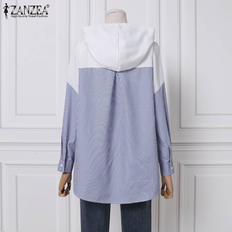 Oversized 2021 outono listrado retalhos hoodies moda senhora moletom zanzea casual manga longa pullovers feminino com capuz camisas