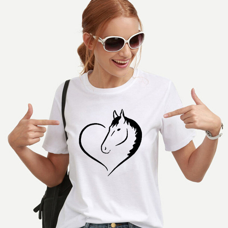 T-shirt kawaii femme, humoristique et à la mode, avec imprimé de dessin animé de cheval