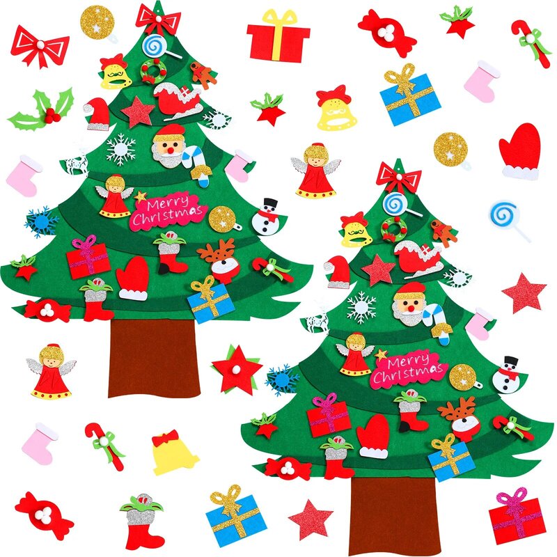 Natal DIY Set Kain Felt DIY Pohon Natal dengan 61 Buah Hiasan Buatan Tangan Dapat Dilepas Hiasan Dinding Xmas