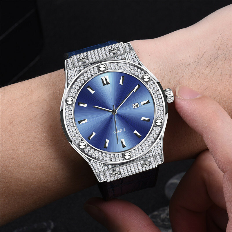 남자 다이아몬드 시계 톱 브랜드 럭셔리 패션 비즈니스 군사 석영 손목 시계 방수 남성 블루 시계 Relogio Masculino