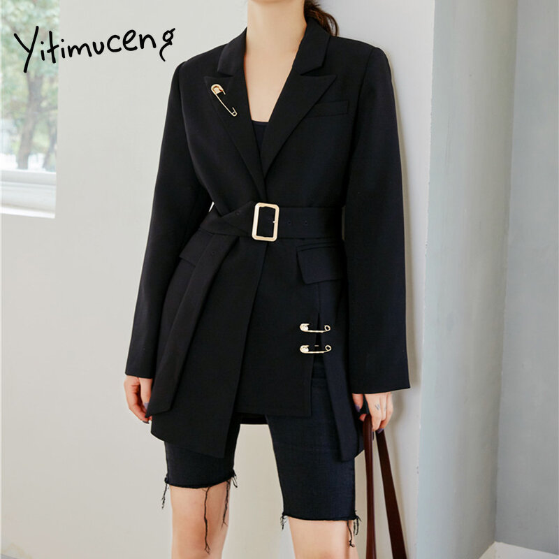 Yitimuceng blazers irregulares para as mulheres divisão entalhado faixas sólido casual vestuário terno escritório senhora meninas casaco preto 2021 primavera