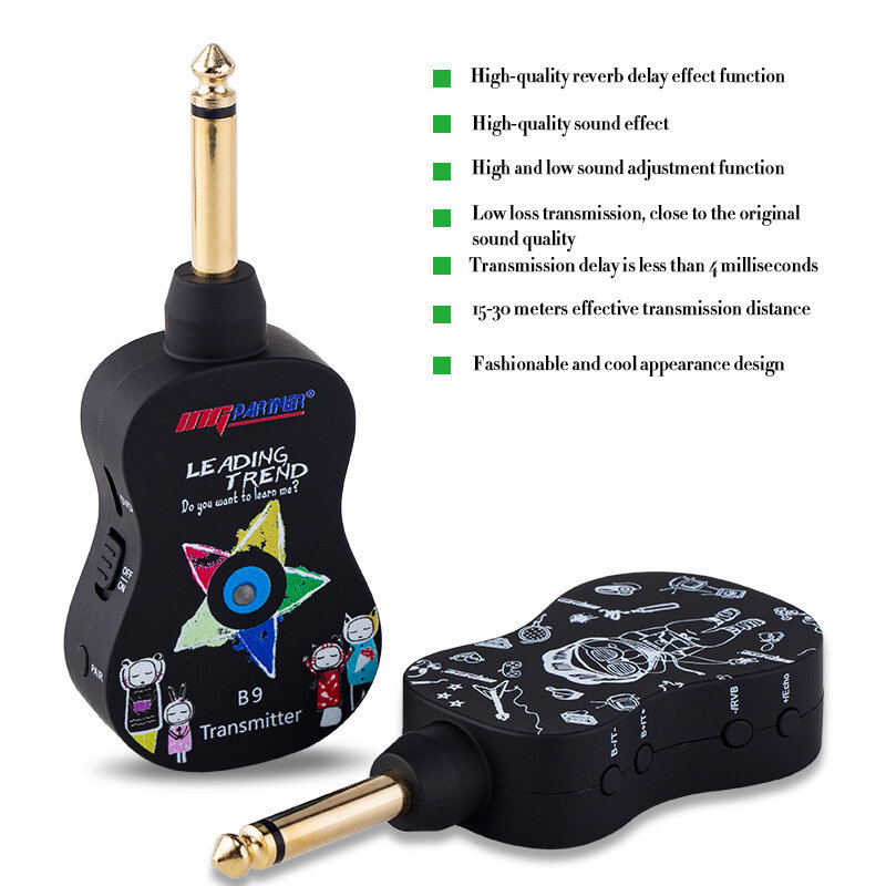 B9 ギターワイヤレス伝送システム エレクトリックギター ワイヤレスピックアップ ワイヤレストランシーバー リバーブ ハイ＆ベース調整機能付き