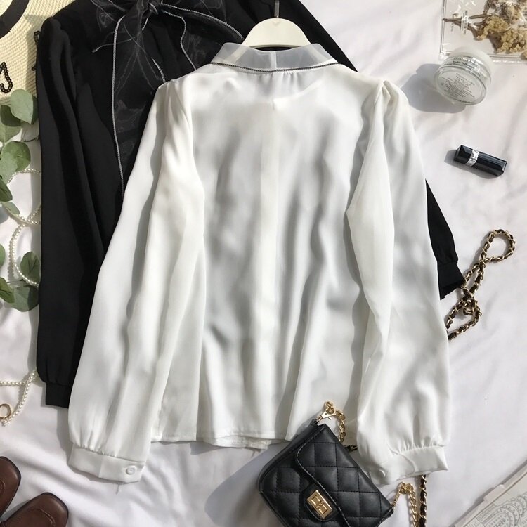 Женская шифоновая приталенная рубашка, элегантный топ на шнуровке с бантом и длинным рукавом-фонариком, весна-осень 2021