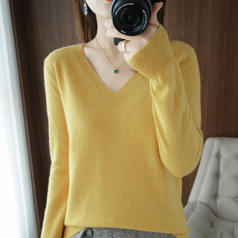 Jersey informal con cuello en V para mujer, suéter tejido, moda coreana, partes de arriba sueltas de manga larga