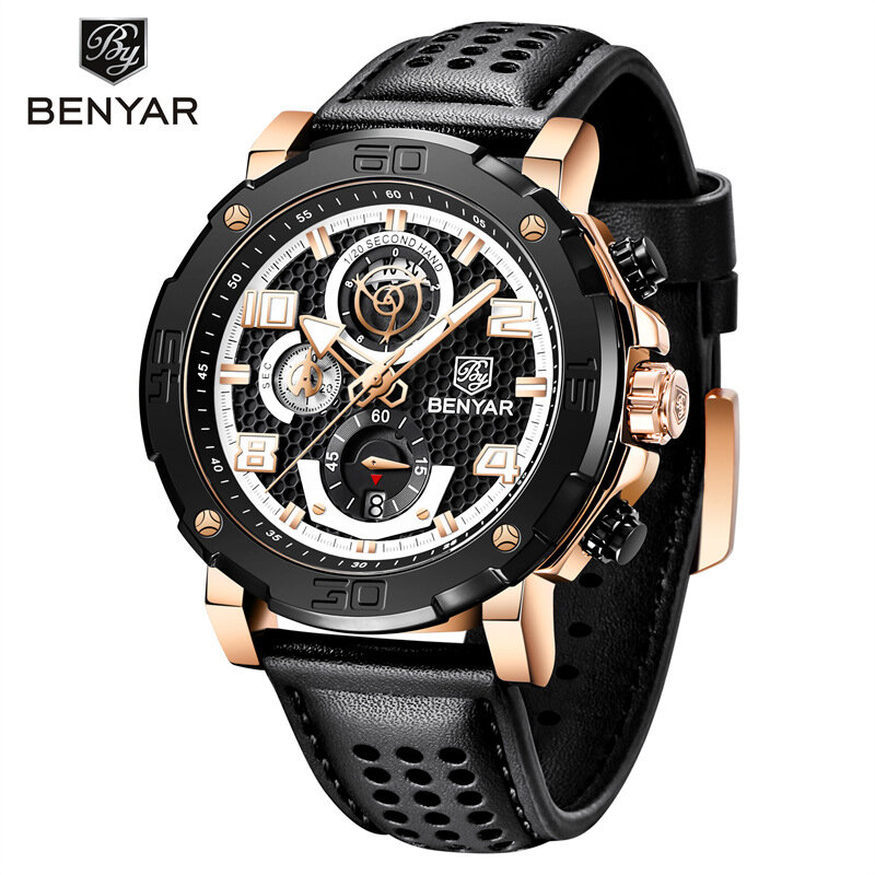 BENYAR-Reloj de pulsera multifuncional para hombre, cronógrafo de diseño hueco, resistente al agua, de cuarzo, con espejo Hardlex, de negocios