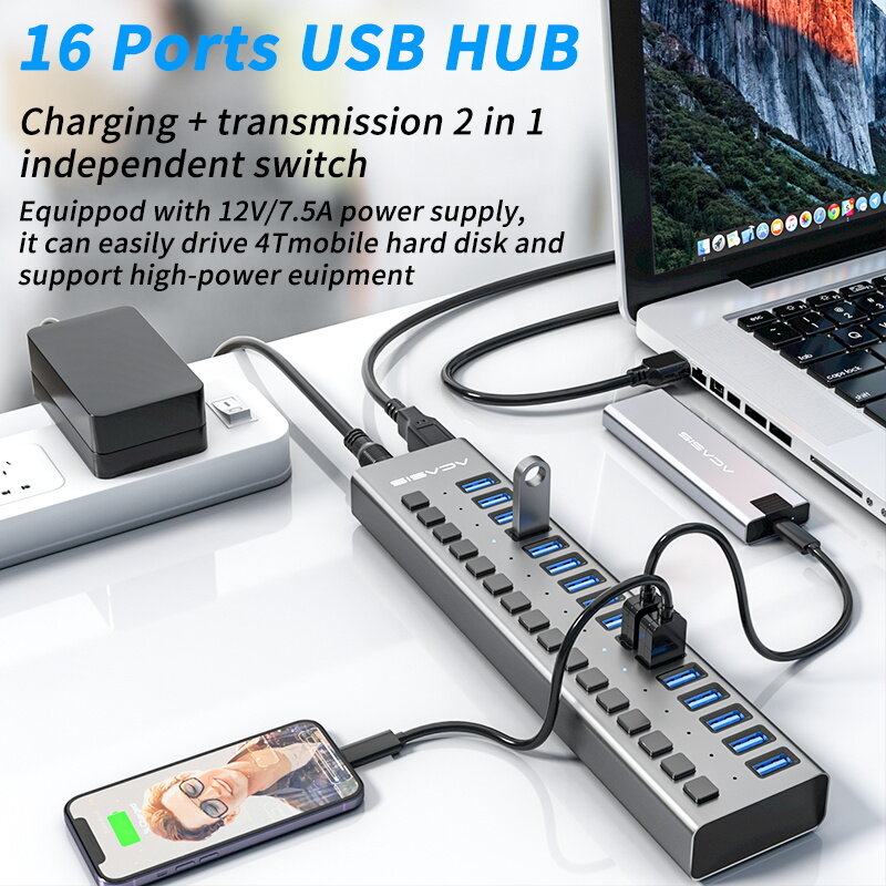 HUB USB 3.0 Bộ Chuyển Nguồn Điện Bên Ngoài 16 Cổng Bộ Chia Hub USB Công Tắc 12V 7.5A Điện Cho Mac Máy Tính Bảng laptop Mỹ EU Anh
