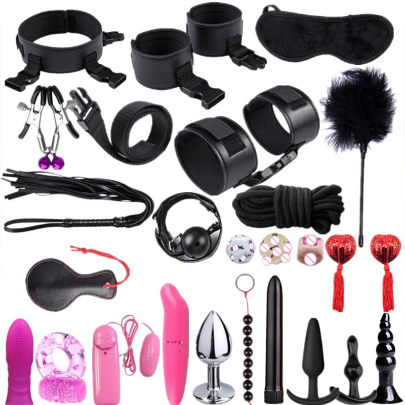 26 Pcs/set  Bondage BDSM Kit for Couple Adult Toys Restraint Bondage Set with Anal Butt Plug Wrist Ankle Cuff Whip Ball Gag