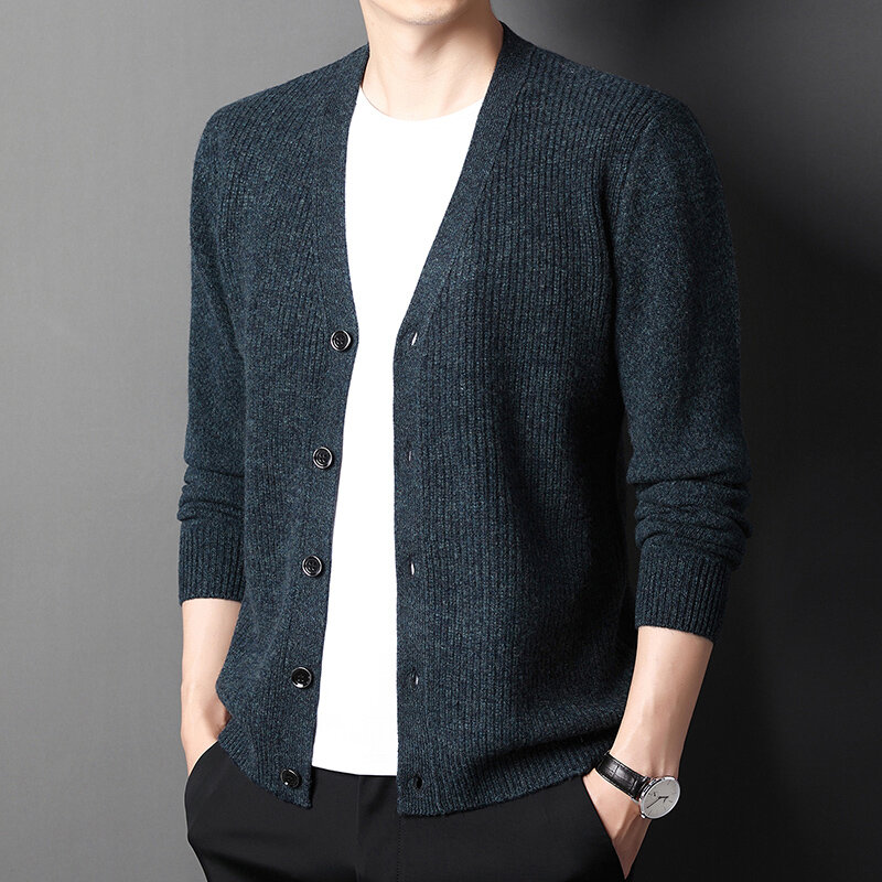 Autumn and winter men's sweater 100 pure wool cardigan trend leisure V-neck thick thread knitted sweater coat