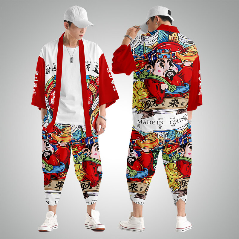 Mannen Chinese Stijl Print Kimono Hip Hop Vest Jassen En Broek Harajuku Casual Losse Tops Streetwear Shirts