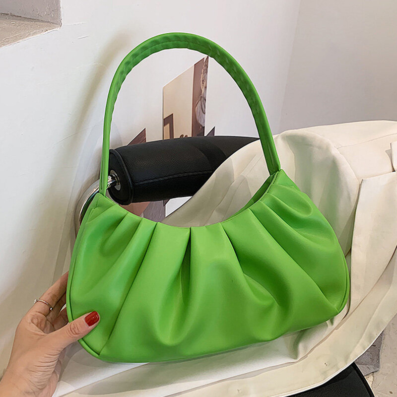 Bolso de mano plisado de piel sintética para mujer, bolsa Baguette de hombro para mujer, bolso de mano de diseñador para mujer, bolsa de viaje para axila, Color sólido, 2022