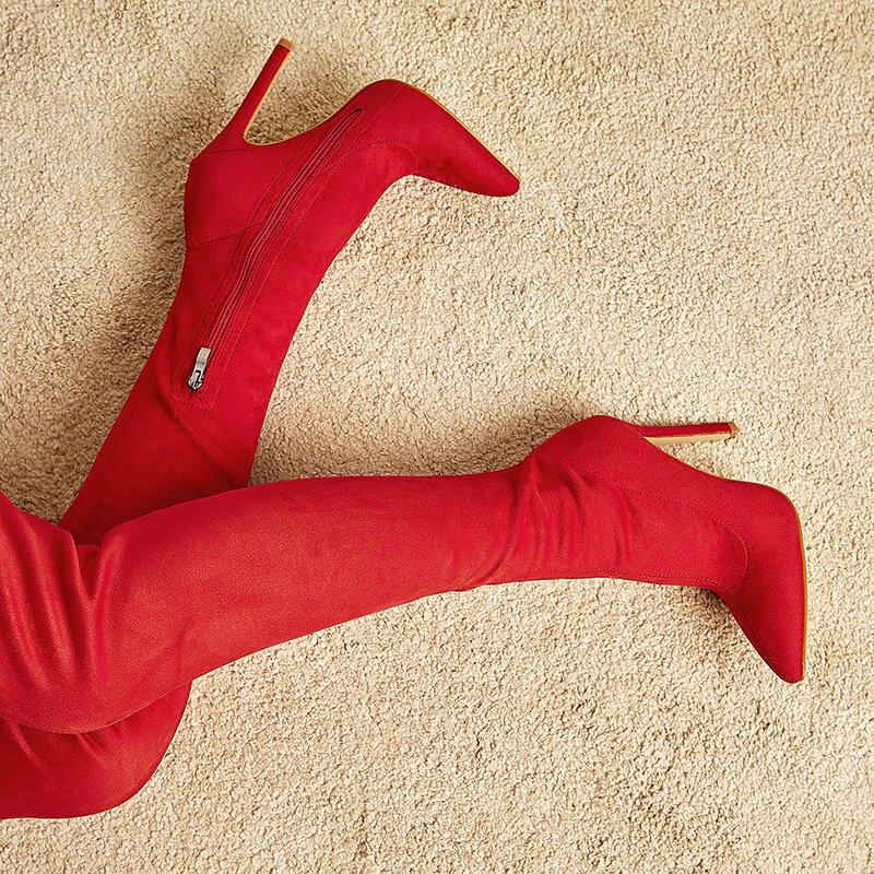 女性のハイヒールの靴,膝の高さ11cmのブーツ,セクシーな冬のファッション,赤,2021