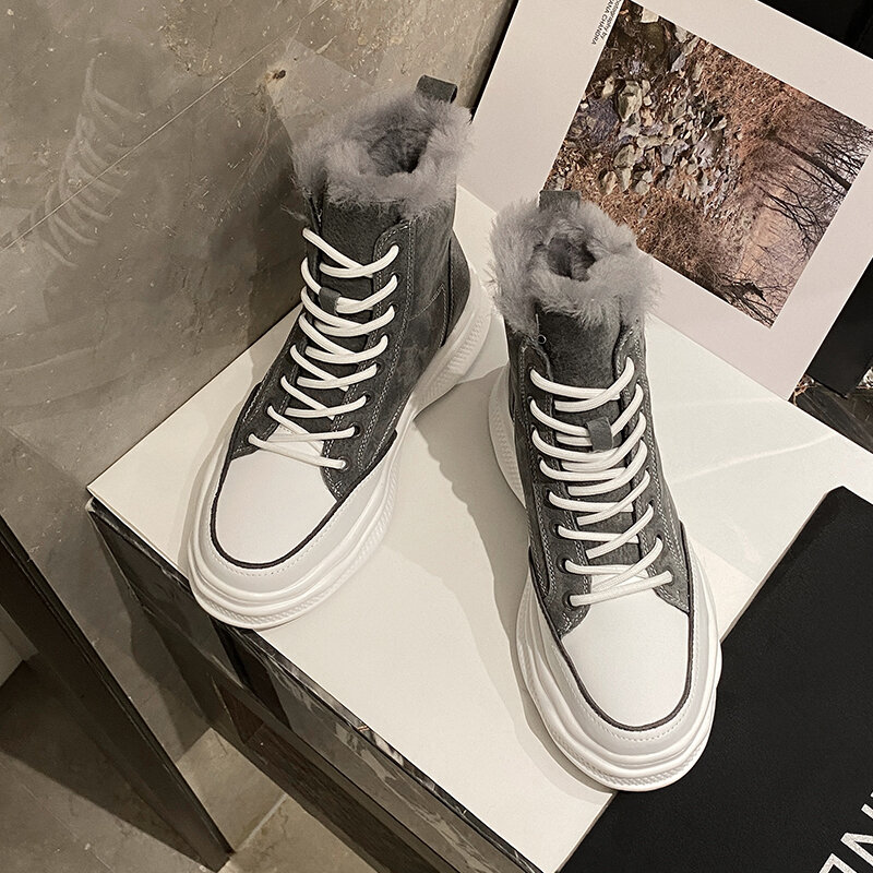 Bottines de neige en cuir suédé pour femme, chaussures à plateforme, à lacets pour garder au chaud, en fourrure, nouvelle collection hiver 2021