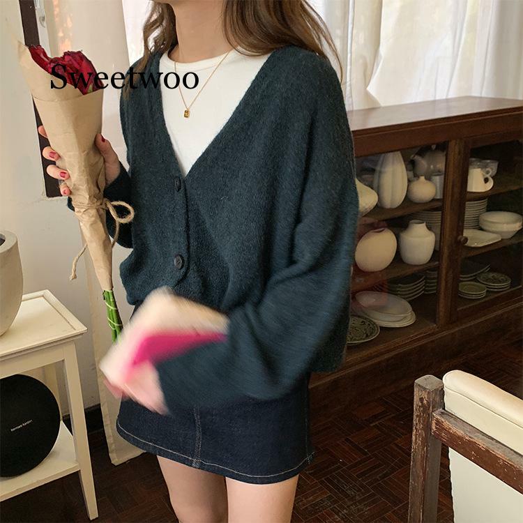 2020 Spring Autumn Women's New Sweater Korean Loose Solid Knitting Sweater Cardigan Long-sleeved V-neck Versatile Jacket Yellow