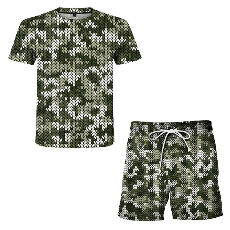 64 # sommer Strand T Hemd Shorts Zwei-stück Anzug Männlichen 3d Camouflage Print Fitness Sport Set Männer Casual lauf Anzug Ropa Hombre