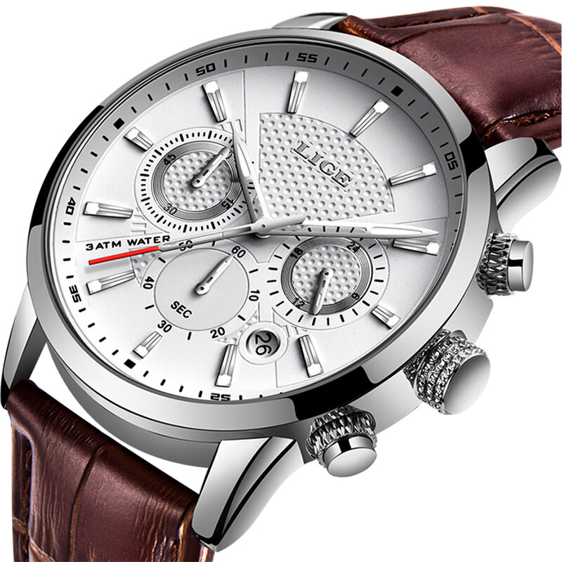 LIGE – montre en cuir pour hommes, à Quartz, de marque de luxe, étanche, pour le Sport et les affaires, nouvelle collection 2022