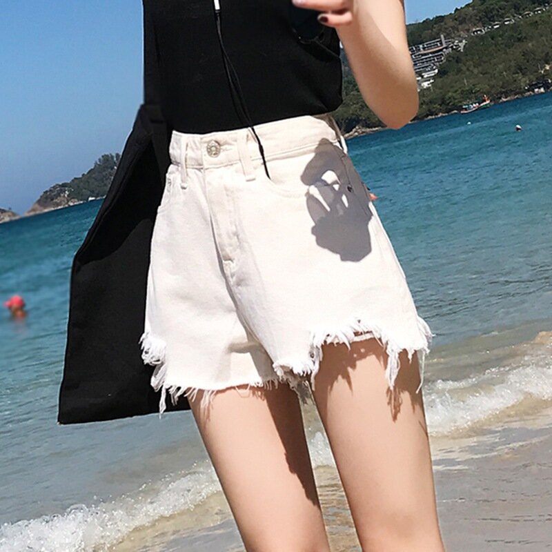 Feminino vintage versão coreana shorts retro cintura alta solta buraco selvagem denim shorts verão wear