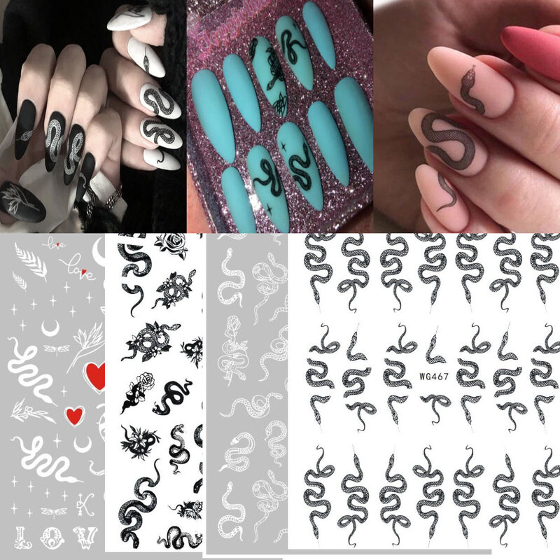 10Pcs Wg Serie Snake Snake Ontwerp Nail Art Stickers Kleurrijke Draken Slider Decals Black Snake Voor Manicure Nail Art decoratie