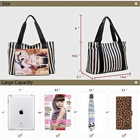 Striped Laptop Tote Handbag With 9 pockets Womens Canvas Daily Shoulder Work Bag Gifts
