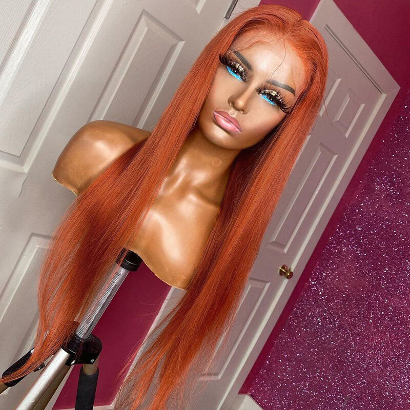 26 Inch Long Orange Silky Straight Synthetic Lace Front Wig For Black Women Pre Plucked with Natural Hairline Baby Hair
