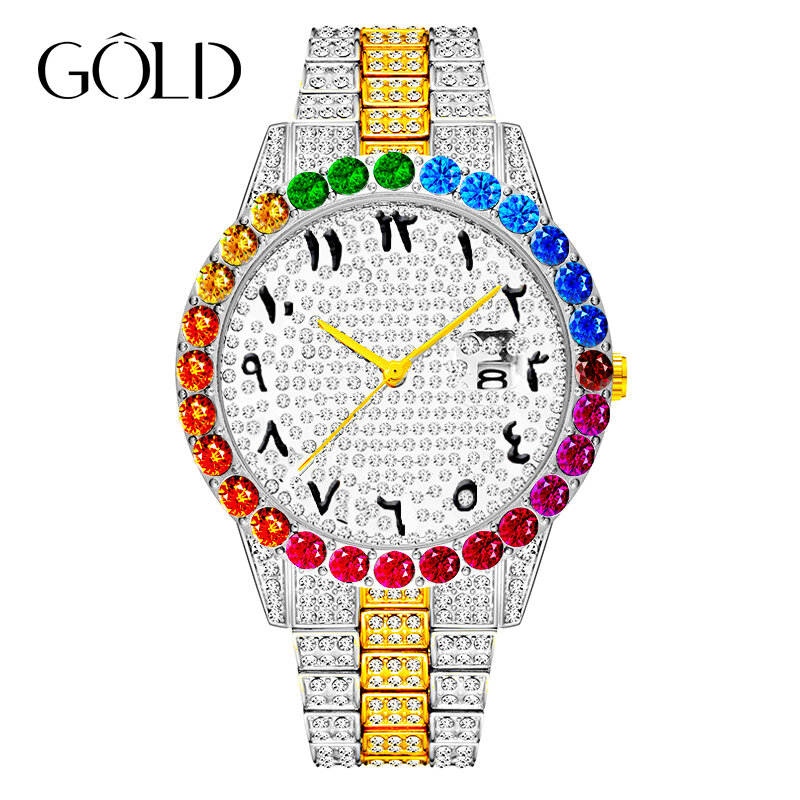 Часы наручные мужские кварцевые, брендовые деловые с большим циферблатом, с радужными бриллиантами, с розовым циферблатом