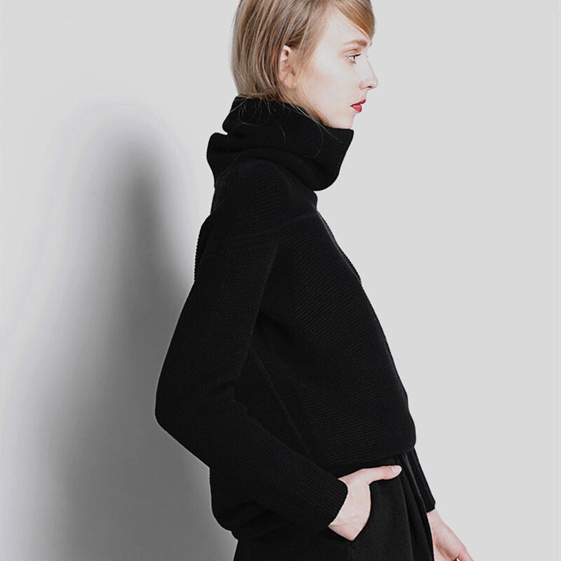 Свитер женский кашемировый, теплый однотонный вязаный Свободный пуловер с высоким воротником, Осень-зима