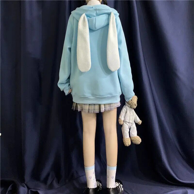HOUZHOU-Sudadera con capucha de estilo coreano para mujer, suéter con Orejas de conejo Kawaii, sudadera holgada de manga larga con cremallera, primavera 2020