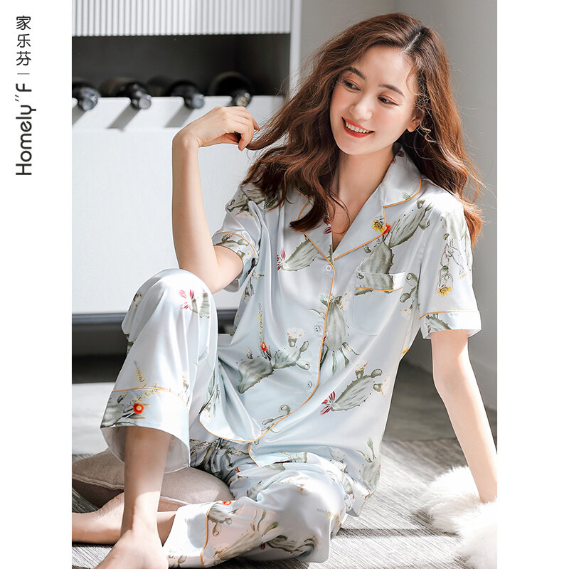Women's Pajamas Summer Silk Ice Silk Short Sleeve Trousers Home Wear Summer Thin Artificial Silk Satin Two-Piece Suit