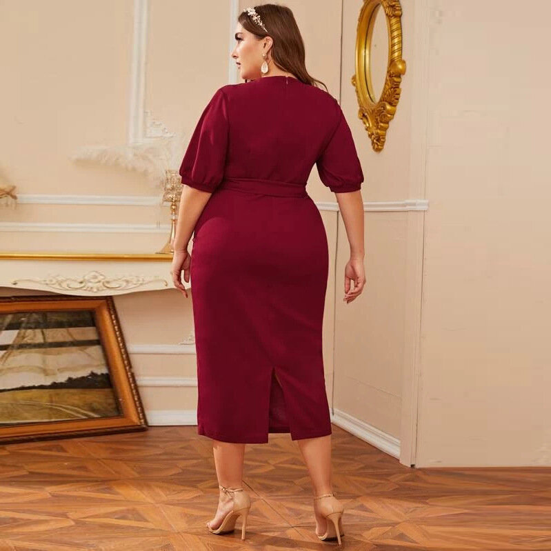 فستان سهرة ، مقاس كبير 6XL ، للنساء ، نصف كم ، عنابي ، ياقة على شكل V ، متوسط الطول ، عصري ، مع حزام الخصر ، مجموعة جديدة