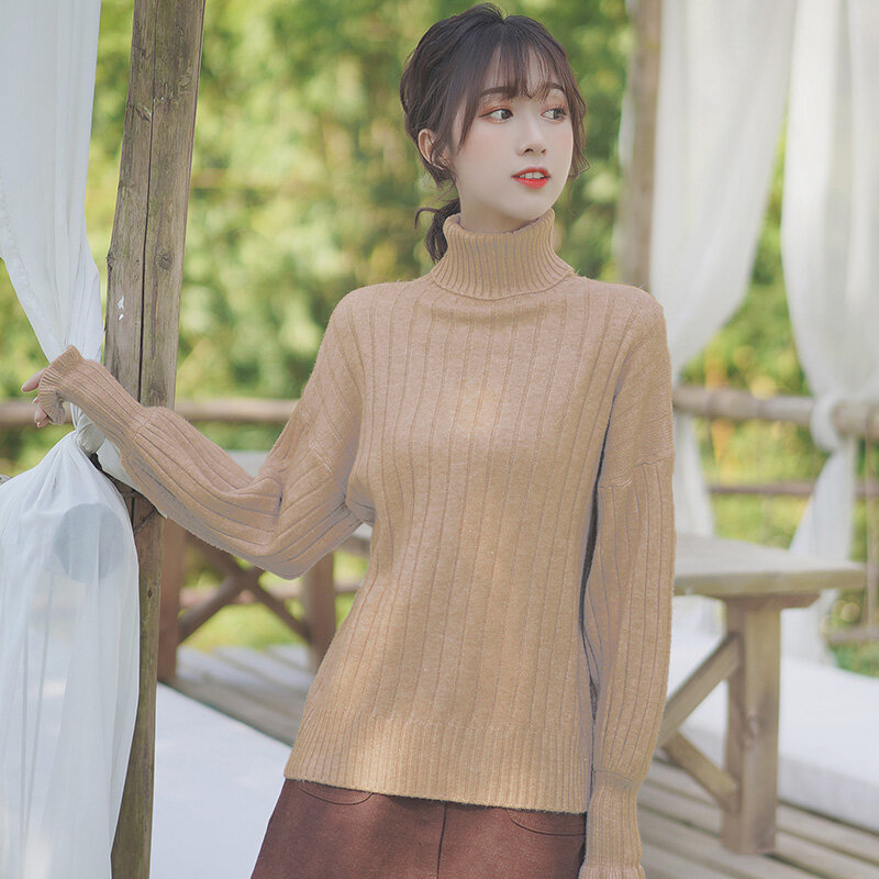 Chic Khaki 2019 New Autumn and Winter Turtleneck Knitwear Long Sleeve Sunken Stripe Pullover Lantern Sleeve Bottoming Shirt
