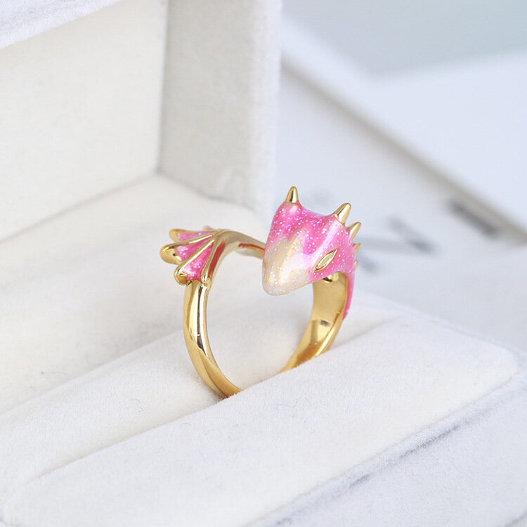 Złoty Topaz pierścień w kształcie smoka platerowany pierścień w kształcie smoka biżuteria z musujące różowy i biały emalia Monvatoo London
