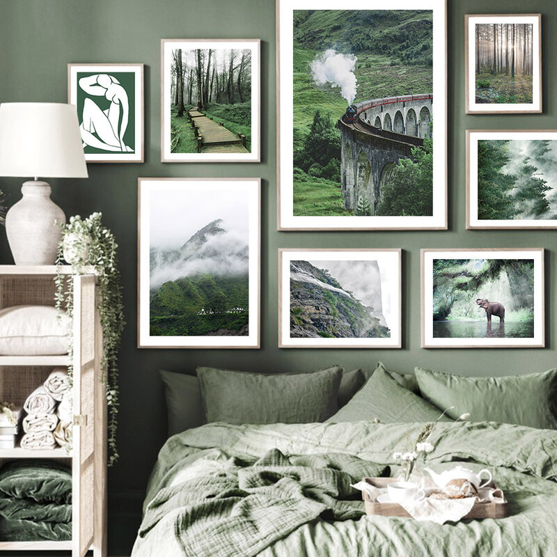 녹색 안개 산 숲 코끼리 자연 풍경 북유럽 포스터 벽 아트 인쇄 캔버스 회화 장식 사진 거실
