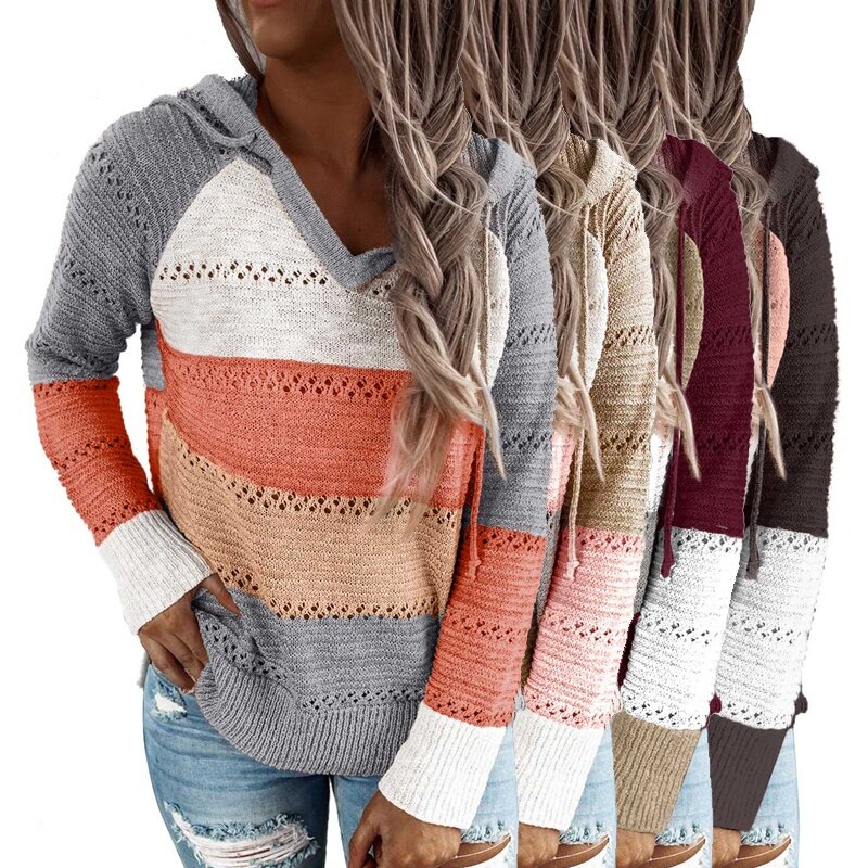 2021 nuovo maglione di moda europeo e americano donna Pullover oversize allentato lavorato a maglia a maniche lunghe a contrasto di colore vuoto