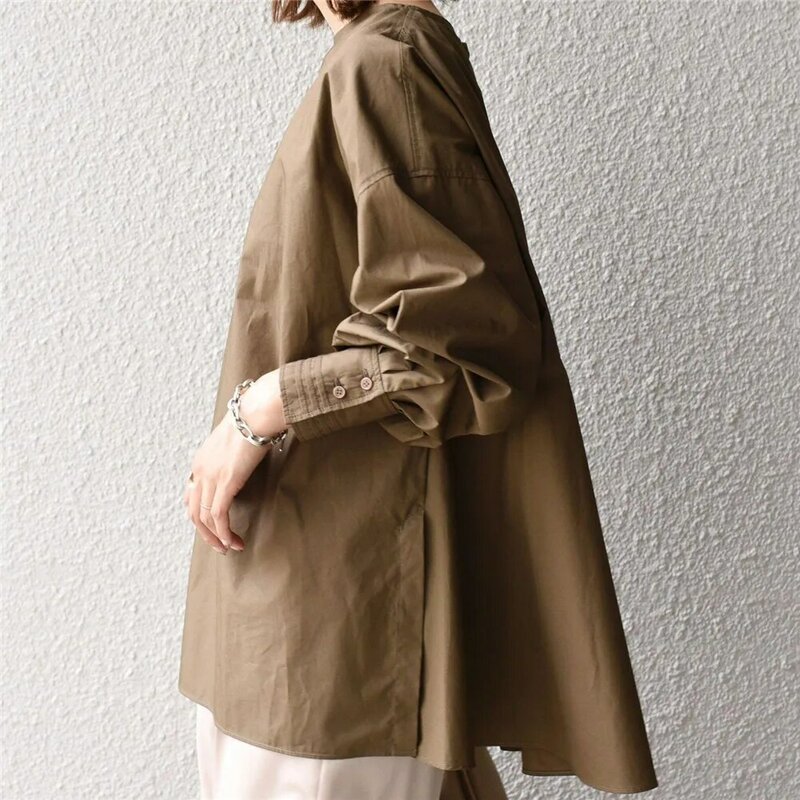 Thời Trang Phụ Nữ Áo Kiểu 2021 Vòng Cổ Trung Dài Rời Áo Thun Chui Đầu Phong Cách Nhật Bản Xếp Ly Công Sở Blusas Elegantes