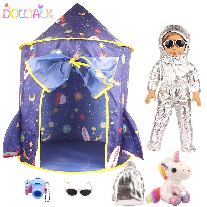 Acessórios da boneca tenda mochila sunglass spacesuit câmera unicórnio brinquedo para 18 Polegada boneca americana e 43cm recém nascido bebe menina boneca