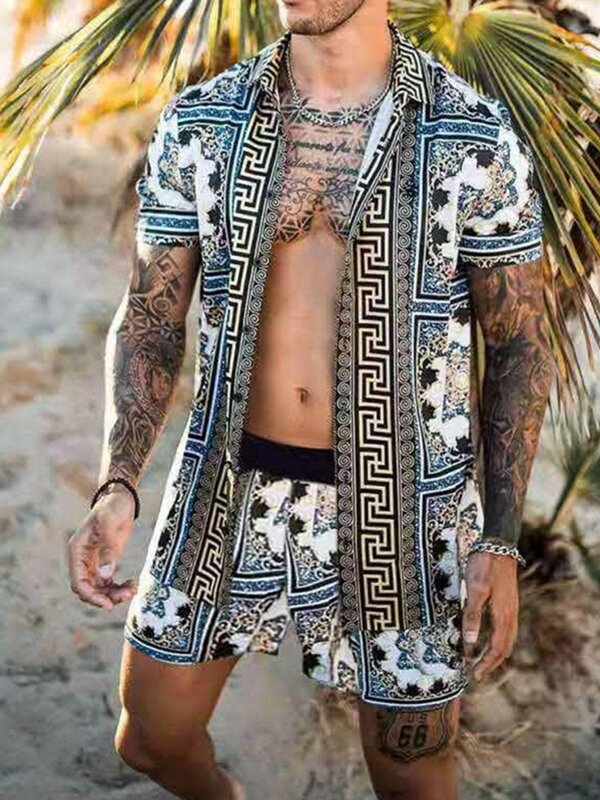 2021 homens praia conjuntos curtos terno verão impressão de manga curta hawaii camisa shorts estiramento streetwear casual terno masculino 2 peças