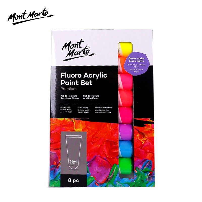 Mont Marte-Juego de pinturas acrílicas metálicas, fluorescentes, básicas, para lienzo, madera, cerámica, suministros de pintura artesanal, 8 colores, 18ml