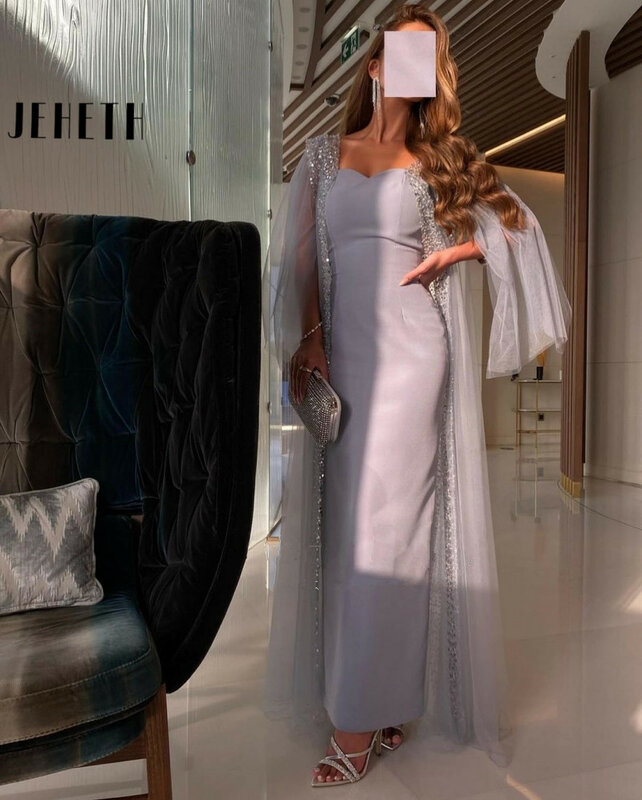 JEHETH Elegante Grau Blau Arabisch Abendkleid mit Cape Sleeve Bodenlangen Dubai Frauen Formale Party Kleid für Hochzeit Gast