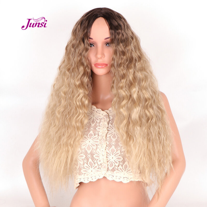 JUNSI-Peluca de cabello sintético para mujer, cabellera artificial largo ondulado de 24 pulgadas, color rubio, Marrón degradado, amarillo dorado, resistente al calor