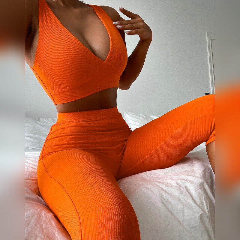 2021 Sleeveless Solid V-Neck Sexy Top Legging 2 Pieces Sets Summer Women Fashion Streetwear Y2K Clothing Robe Kpytomoa
