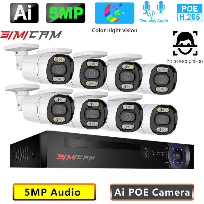 Simicam8CH-5MP POE NVR 키트 2K HD CCTV 보안 시스템, 양방향 오디오 AI IP 카메라 야외 P2P 비디오 오디오 감시 카메라 세트