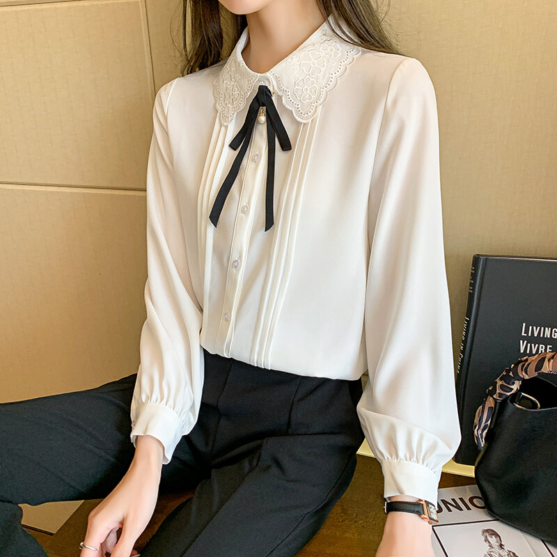 Koreański kobiety szyfonowa koszula kobiety haftowana bluzka koszule damska kokarda koszule z długim rękawem Top Plus rozmiar kobieta Hollow Out bluzki