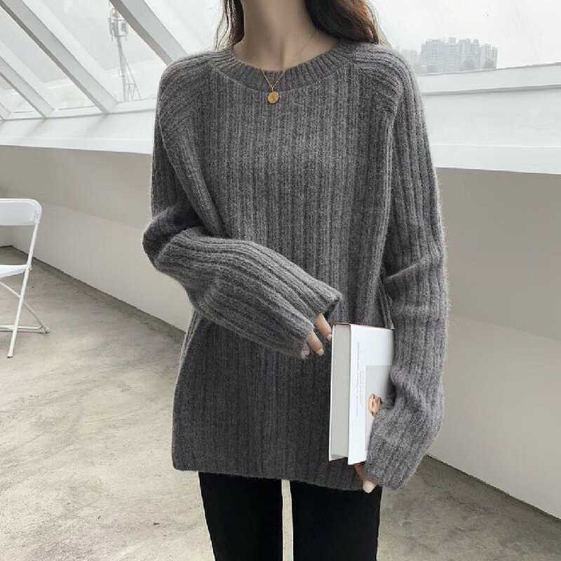 Женская Свободная трикотажная рубашка, однотонный милый пуловер с круглым вырезом, одежда в Корейском стиле для осени