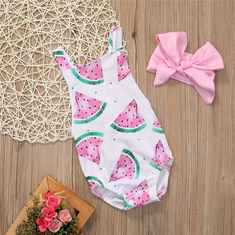 AA Summer Baby Girls Clothes Sleeveless Watermelon Infant s Romper Backless Halter Jumpsuit +Headband 2pcs Outfit Sunsuit