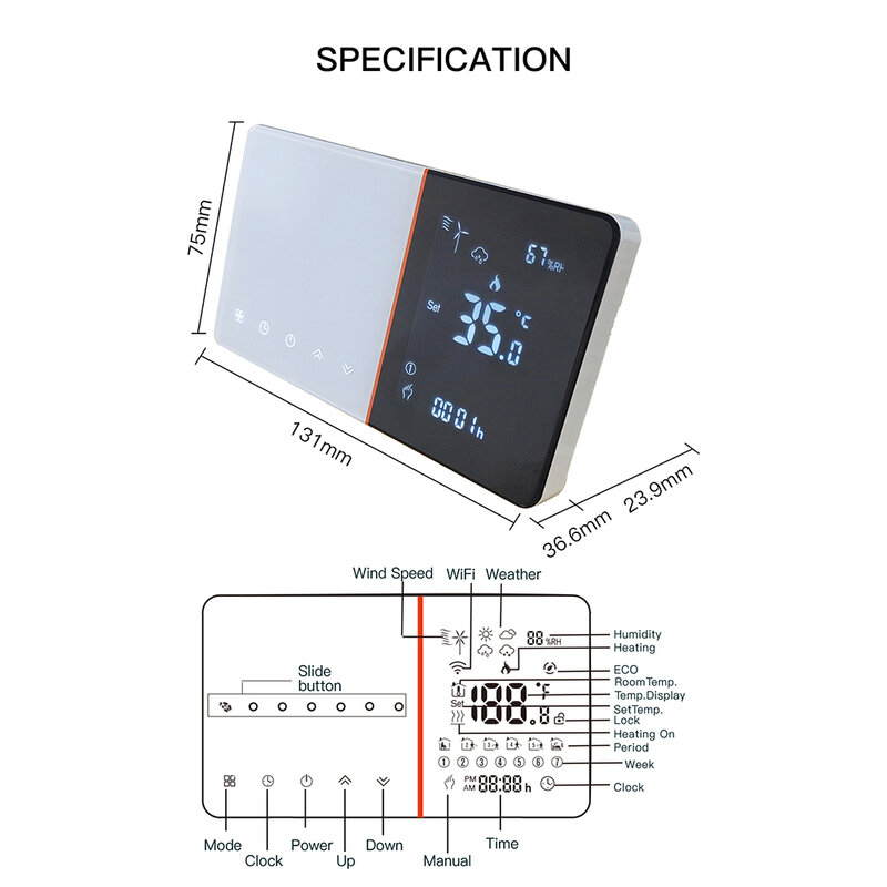 WiFi Tuya Heating Thermostat Temperature Controller Hand Sliding for Water/Electric Heating Boiler Weather Station APP Control